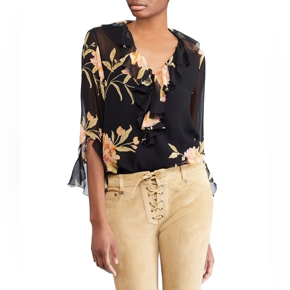 Polo Ralph Lauren (S) 100% Silk Floral Ruffle Sheer Black Work Career Blouse - Picture 3 of 12